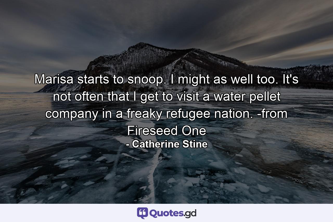 Marisa starts to snoop. I might as well too. It's not often that I get to visit a water pellet company in a freaky refugee nation. -from Fireseed One - Quote by Catherine Stine