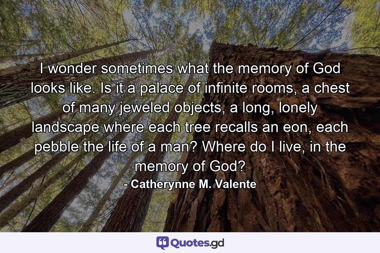 I wonder sometimes what the memory of God looks like. Is it a palace of infinite rooms, a chest of many jeweled objects, a long, lonely landscape where each tree recalls an eon, each pebble the life of a man? Where do I live, in the memory of God? - Quote by Catherynne M. Valente