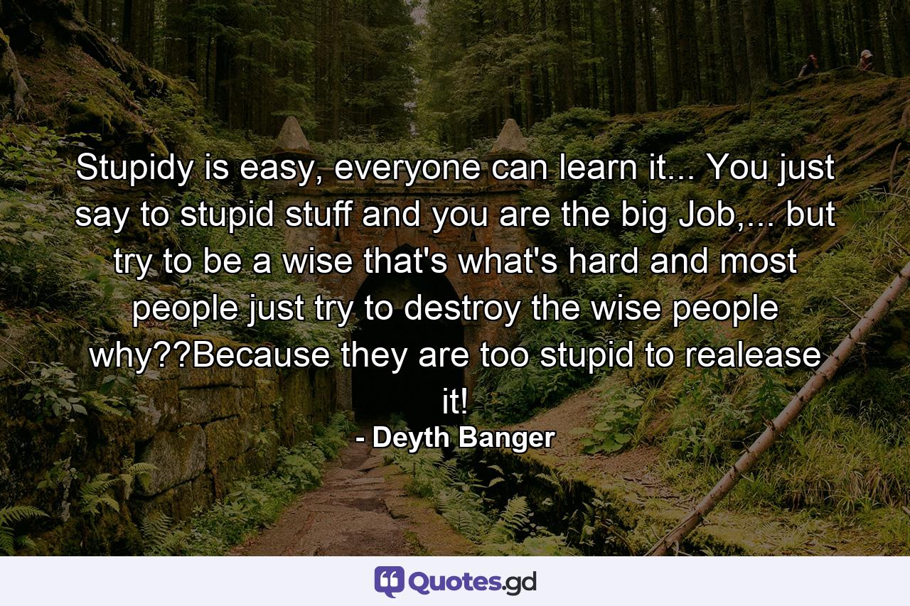 Stupidy is easy, everyone can learn it... You just say to stupid stuff and you are the big Job,... but try to be a wise that's what's hard and most people just try to destroy the wise people why??Because they are too stupid to realease it! - Quote by Deyth Banger