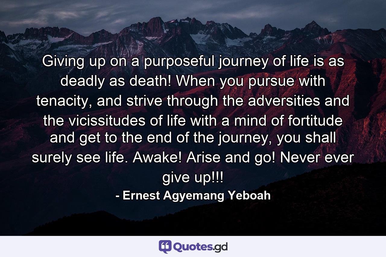 Giving up on a purposeful journey of life is as deadly as death! When you pursue with tenacity, and strive through the adversities and the vicissitudes of life with a mind of fortitude and get to the end of the journey, you shall surely see life. Awake! Arise and go! Never ever give up!!! - Quote by Ernest Agyemang Yeboah