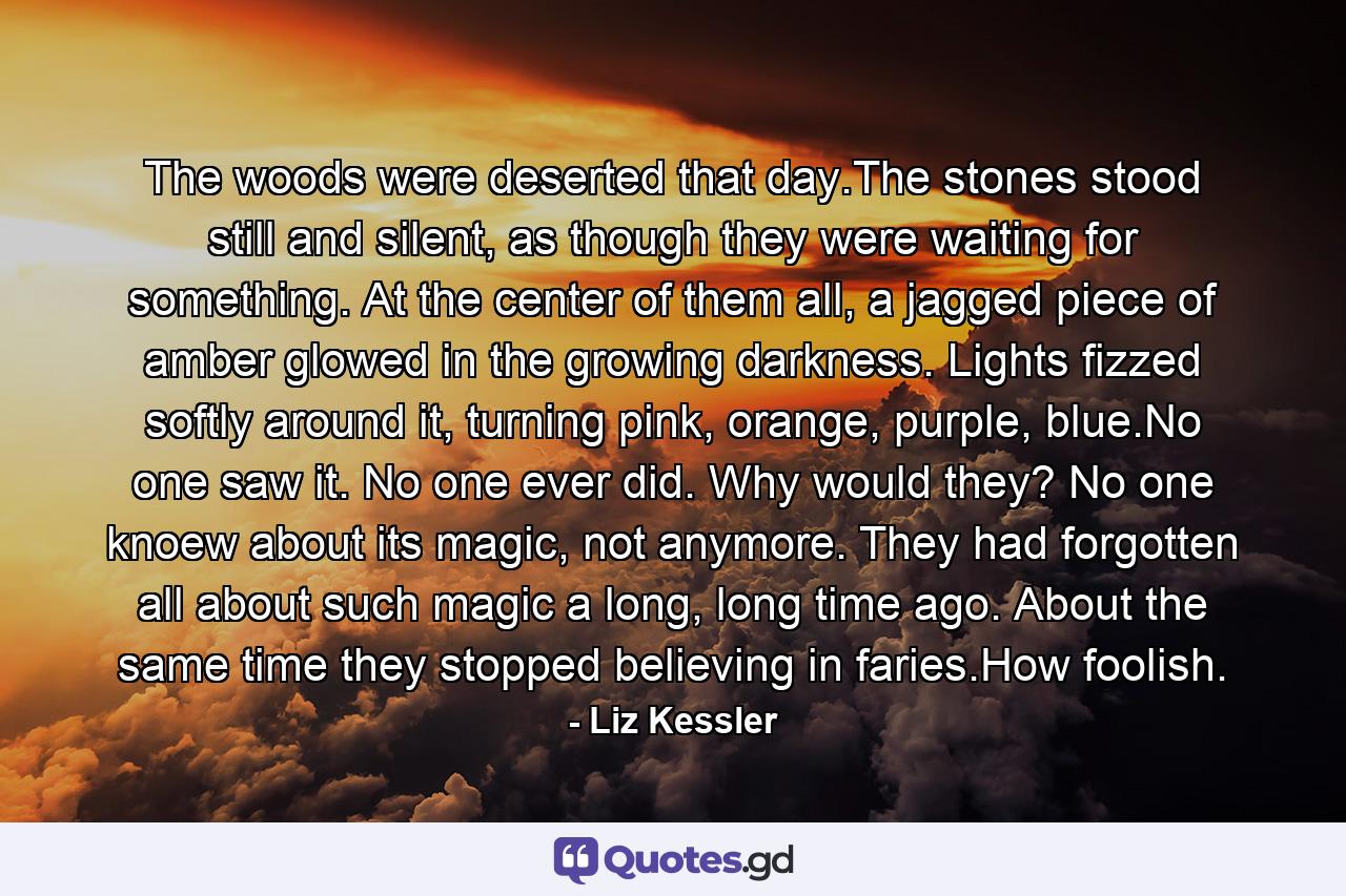 The woods were deserted that day.The stones stood still and silent, as though they were waiting for something. At the center of them all, a jagged piece of amber glowed in the growing darkness. Lights fizzed softly around it, turning pink, orange, purple, blue.No one saw it. No one ever did. Why would they? No one knoew about its magic, not anymore. They had forgotten all about such magic a long, long time ago. About the same time they stopped believing in faries.How foolish. - Quote by Liz Kessler