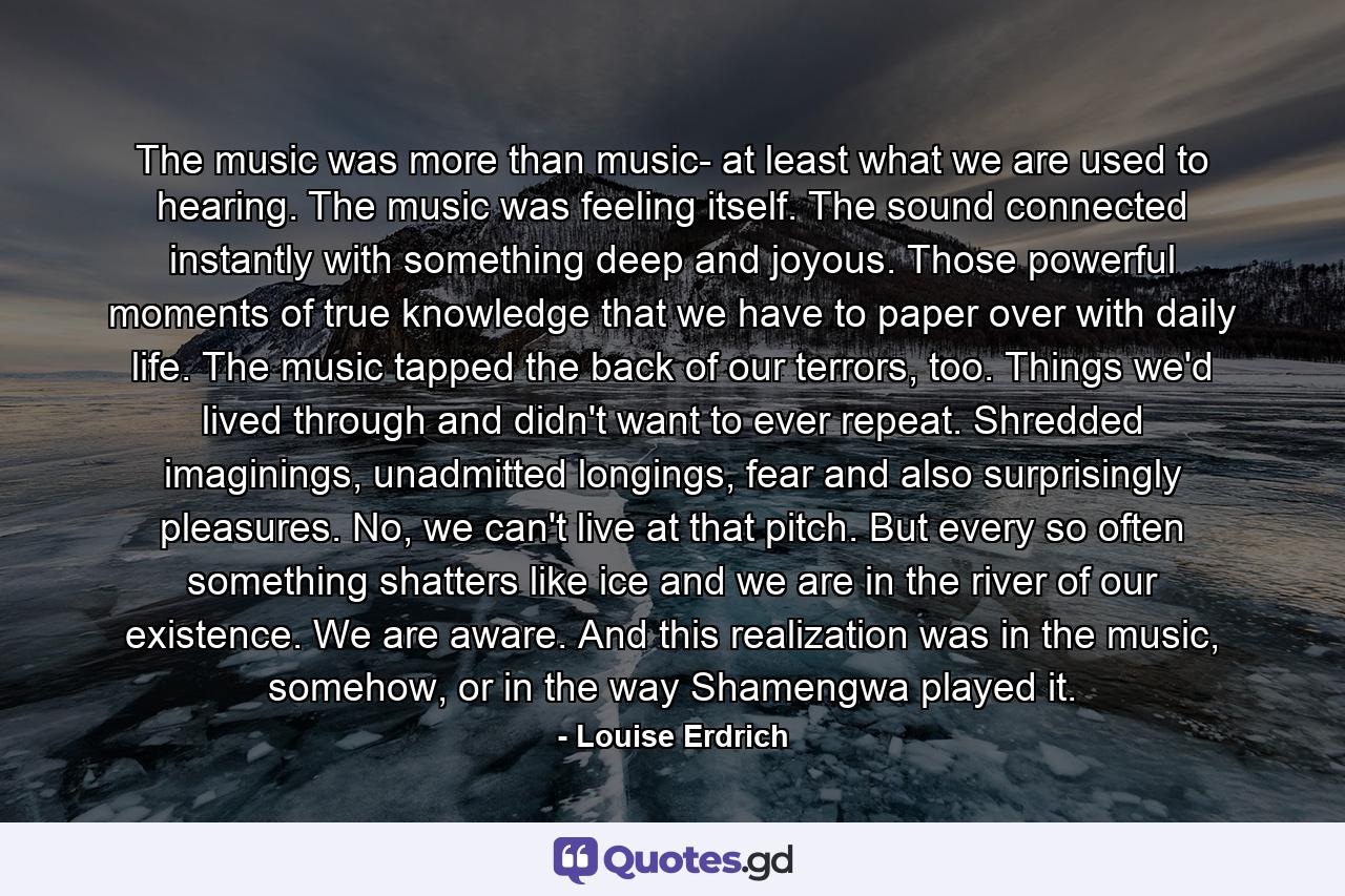 The music was more than music- at least what we are used to hearing. The music was feeling itself. The sound connected instantly with something deep and joyous. Those powerful moments of true knowledge that we have to paper over with daily life. The music tapped the back of our terrors, too. Things we'd lived through and didn't want to ever repeat. Shredded imaginings, unadmitted longings, fear and also surprisingly pleasures. No, we can't live at that pitch. But every so often something shatters like ice and we are in the river of our existence. We are aware. And this realization was in the music, somehow, or in the way Shamengwa played it. - Quote by Louise Erdrich