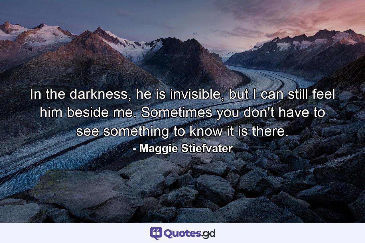 In the darkness, he is invisible, but I can still feel him beside me. Sometimes you don't have to see something to know it is there. - Quote by Maggie Stiefvater