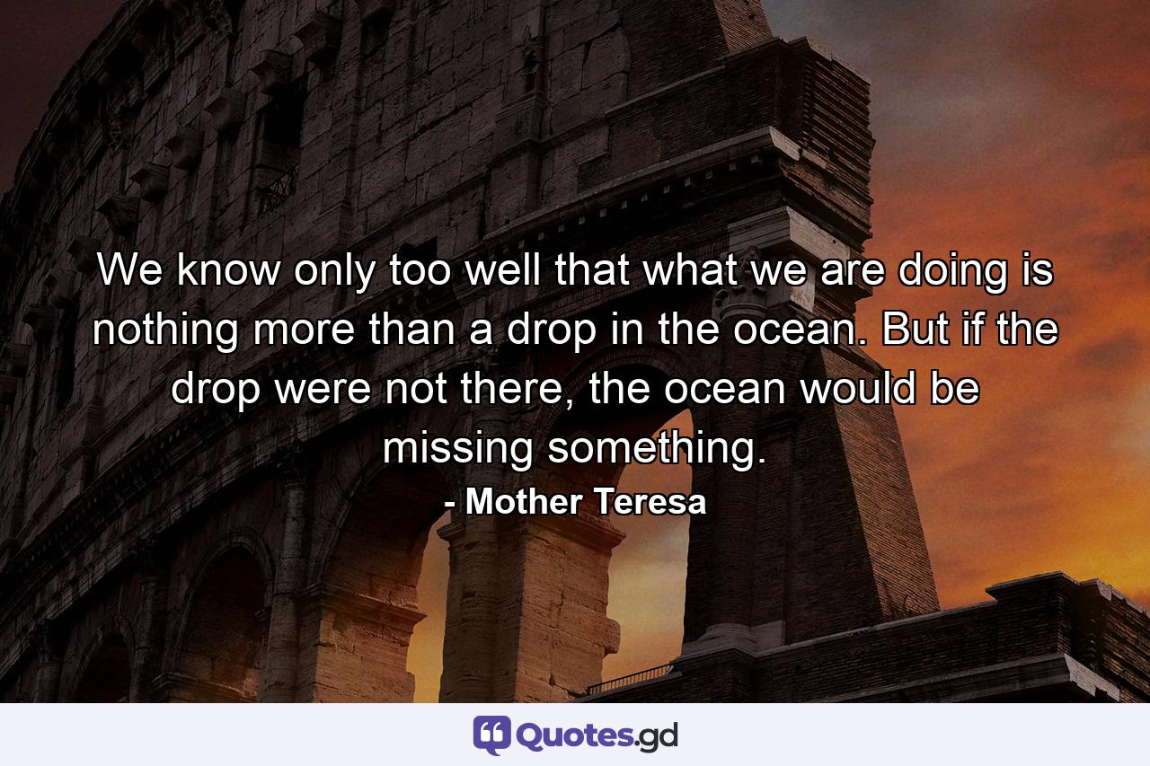 We know only too well that what we are doing is nothing more than a drop in the ocean. But if the drop were not there, the ocean would be missing something. - Quote by Mother Teresa