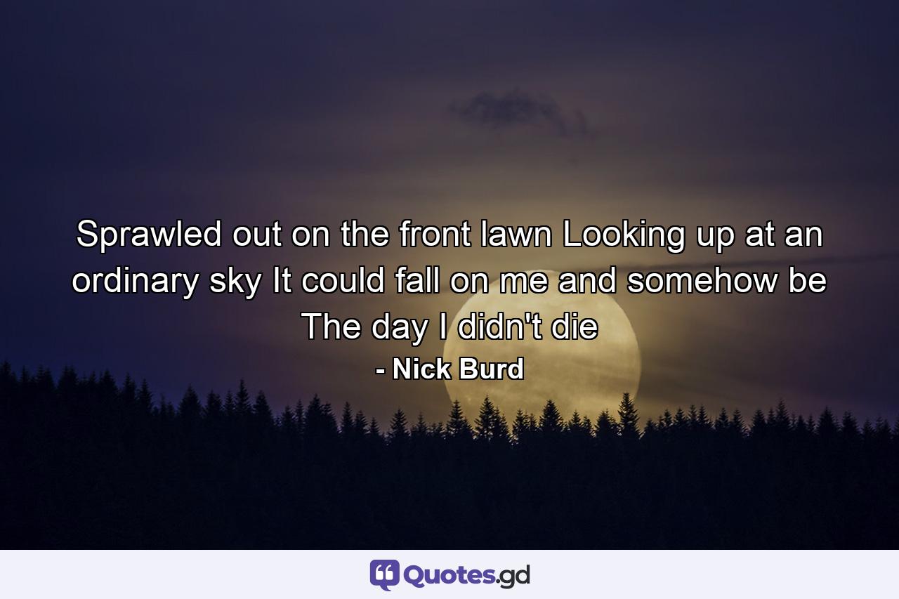 Sprawled out on the front lawn Looking up at an ordinary sky It could fall on me and somehow be The day I didn't die - Quote by Nick Burd