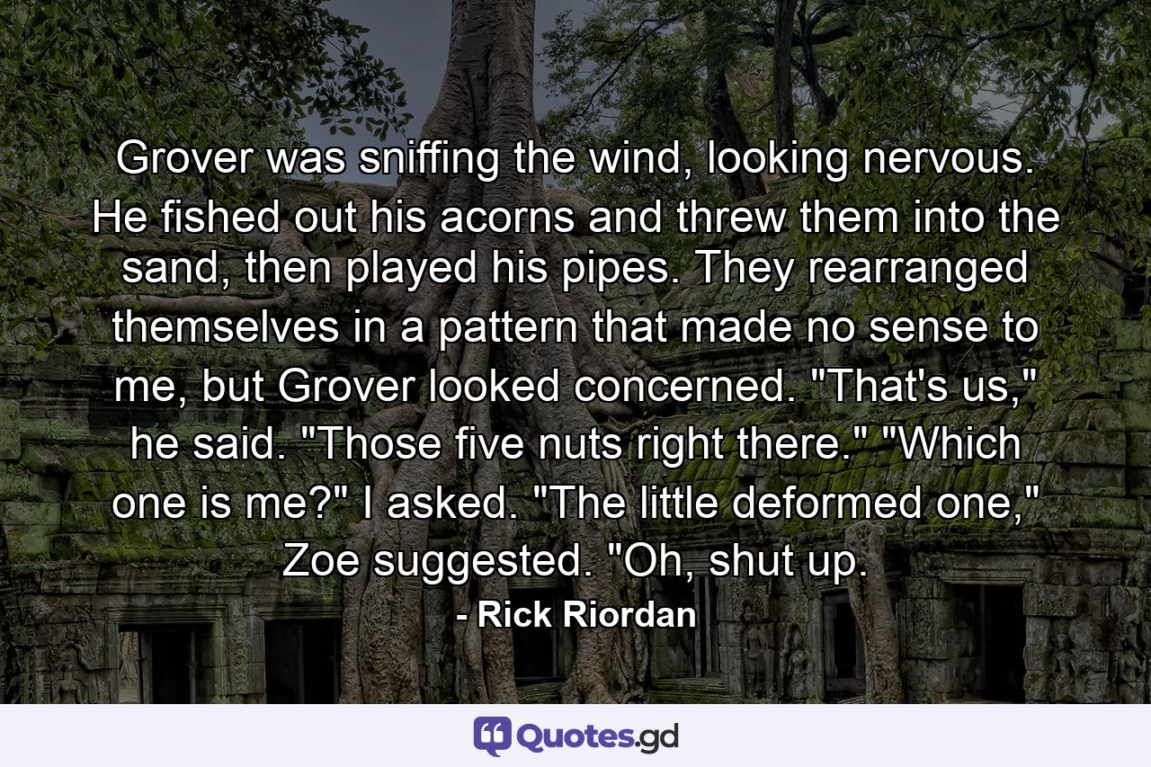 Grover was sniffing the wind, looking nervous. He fished out his acorns and threw them into the sand, then played his pipes. They rearranged themselves in a pattern that made no sense to me, but Grover looked concerned. 