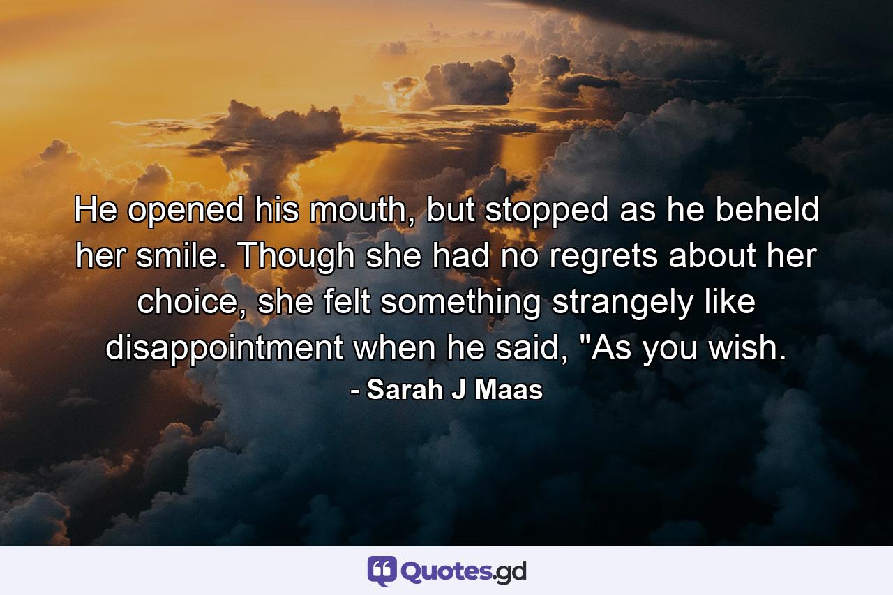 He opened his mouth, but stopped as he beheld her smile. Though she had no regrets about her choice, she felt something strangely like disappointment when he said, 