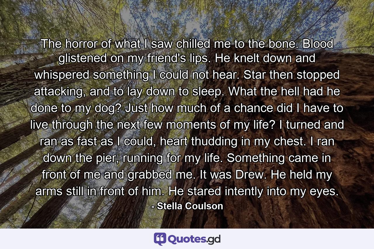 The horror of what I saw chilled me to the bone. Blood glistened on my friend's lips. He knelt down and whispered something I could not hear. Star then stopped attacking, and to lay down to sleep. What the hell had he done to my dog? Just how much of a chance did I have to live through the next few moments of my life? I turned and ran as fast as I could, heart thudding in my chest. I ran down the pier, running for my life. Something came in front of me and grabbed me. It was Drew. He held my arms still in front of him. He stared intently into my eyes. - Quote by Stella Coulson