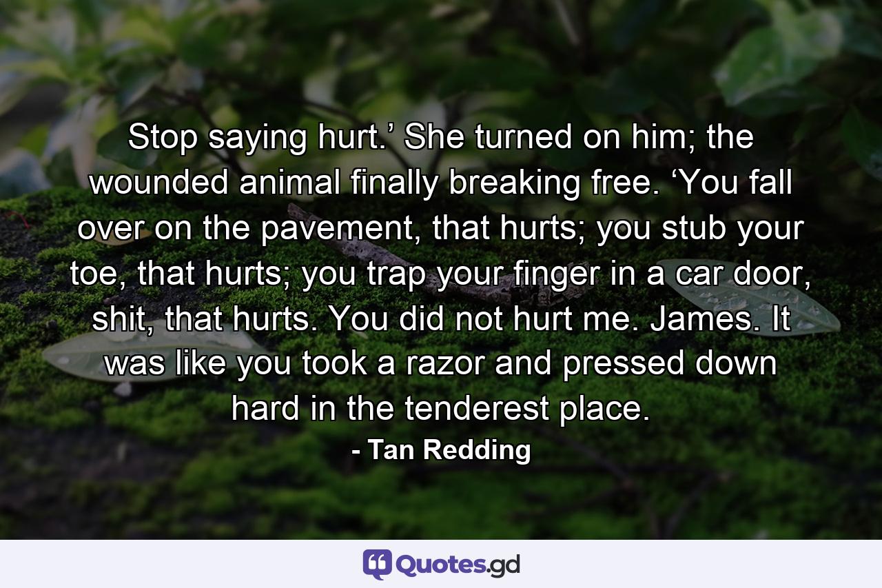Stop saying hurt.’ She turned on him; the wounded animal finally breaking free. ‘You fall over on the pavement, that hurts; you stub your toe, that hurts; you trap your finger in a car door, shit, that hurts. You did not hurt me. James. It was like you took a razor and pressed down hard in the tenderest place. - Quote by Tan Redding