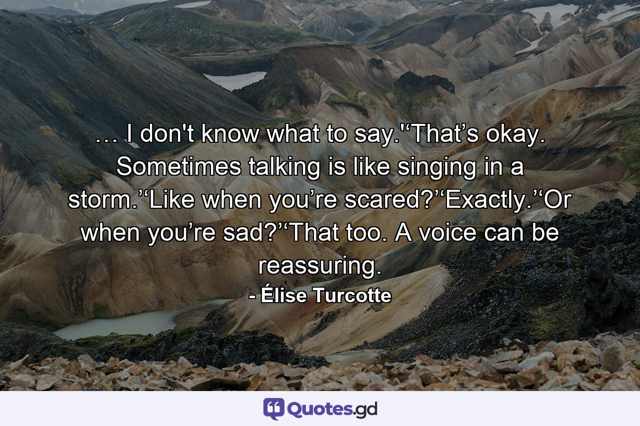 … I don't know what to say.'‘That’s okay. Sometimes talking is like singing in a storm.’‘Like when you’re scared?’‘Exactly.’‘Or when you’re sad?’‘That too. A voice can be reassuring. - Quote by Élise Turcotte