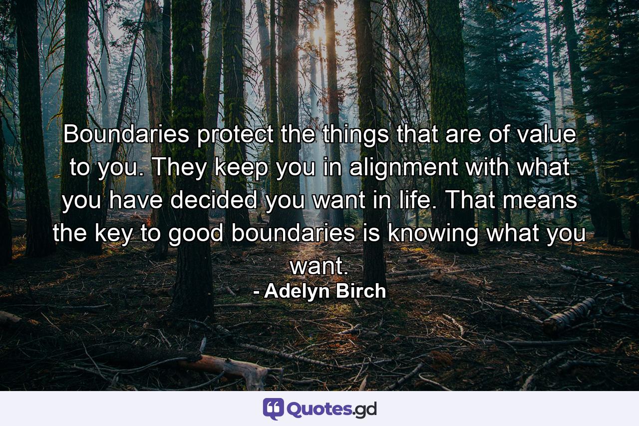 Boundaries protect the things that are of value to you. They keep you in alignment with what you have decided you want in life. That means the key to good boundaries is knowing what you want. - Quote by Adelyn Birch