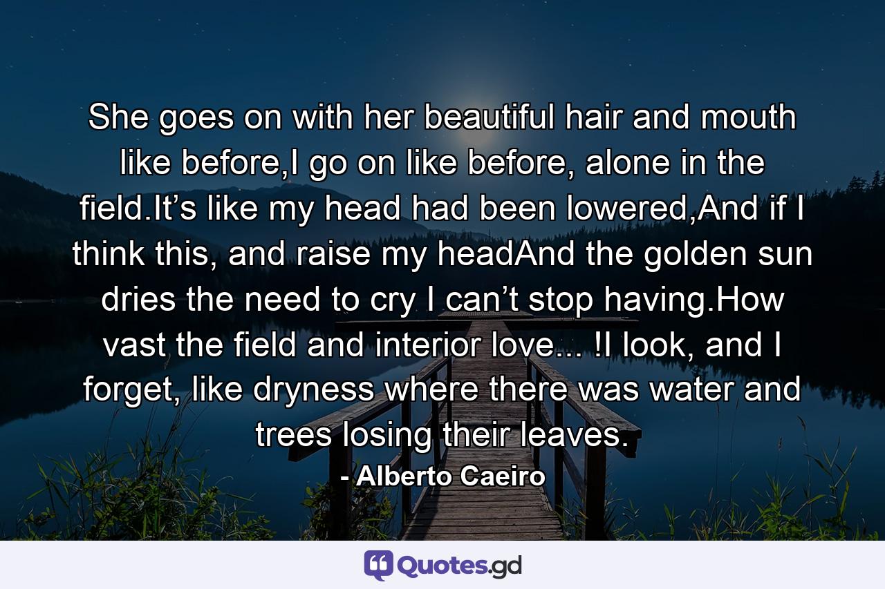 She goes on with her beautiful hair and mouth like before,I go on like before, alone in the field.It’s like my head had been lowered,And if I think this, and raise my headAnd the golden sun dries the need to cry I can’t stop having.How vast the field and interior love... !I look, and I forget, like dryness where there was water and trees losing their leaves. - Quote by Alberto Caeiro