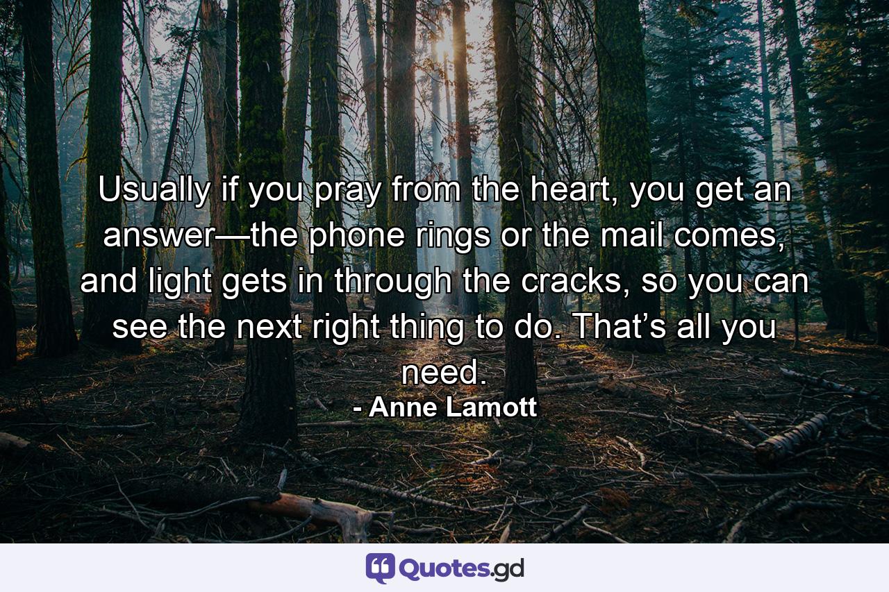 Usually if you pray from the heart, you get an answer—the phone rings or the mail comes, and light gets in through the cracks, so you can see the next right thing to do. That’s all you need. - Quote by Anne Lamott