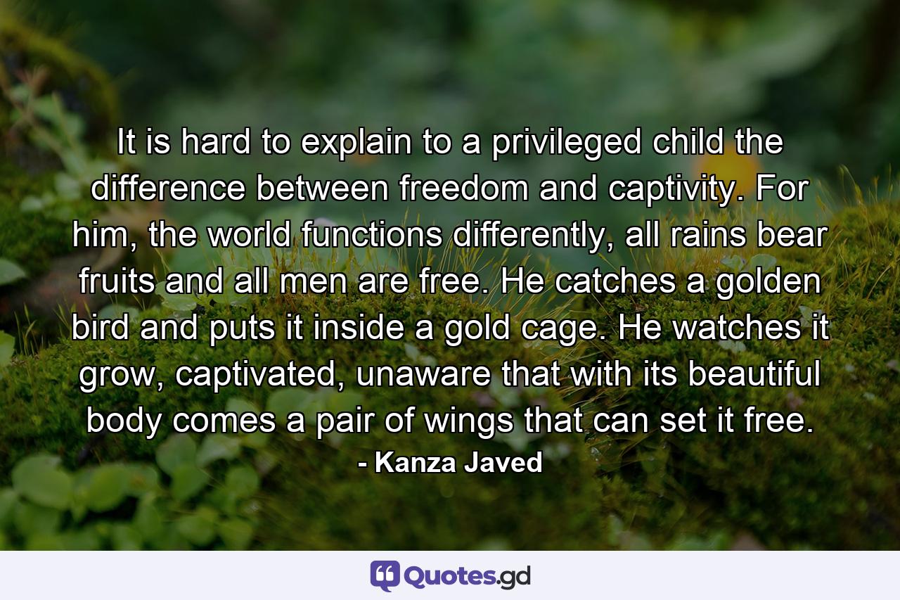 It is hard to explain to a privileged child the difference between freedom and captivity. For him, the world functions differently, all rains bear fruits and all men are free. He catches a golden bird and puts it inside a gold cage. He watches it grow, captivated, unaware that with its beautiful body comes a pair of wings that can set it free. - Quote by Kanza Javed