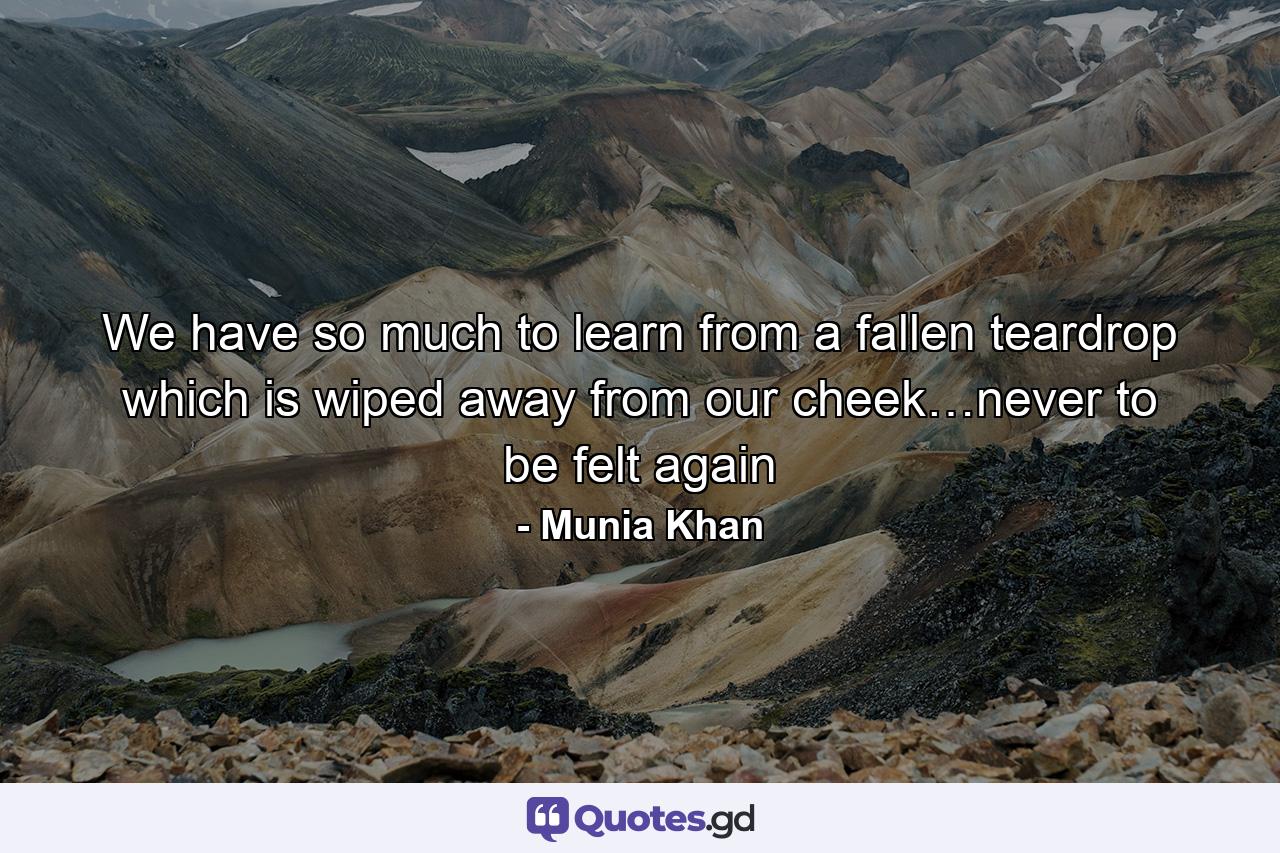 We have so much to learn from a fallen teardrop which is wiped away from our cheek…never to be felt again - Quote by Munia Khan