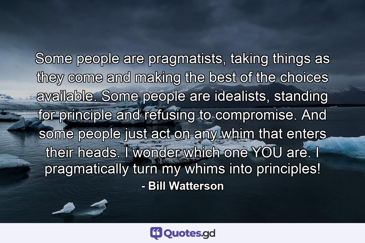 Some people are pragmatists, taking things as they come and making the best of the choices available. Some people are idealists, standing for principle and refusing to compromise. And some people just act on any whim that enters their heads. I wonder which one YOU are. I pragmatically turn my whims into principles! - Quote by Bill Watterson