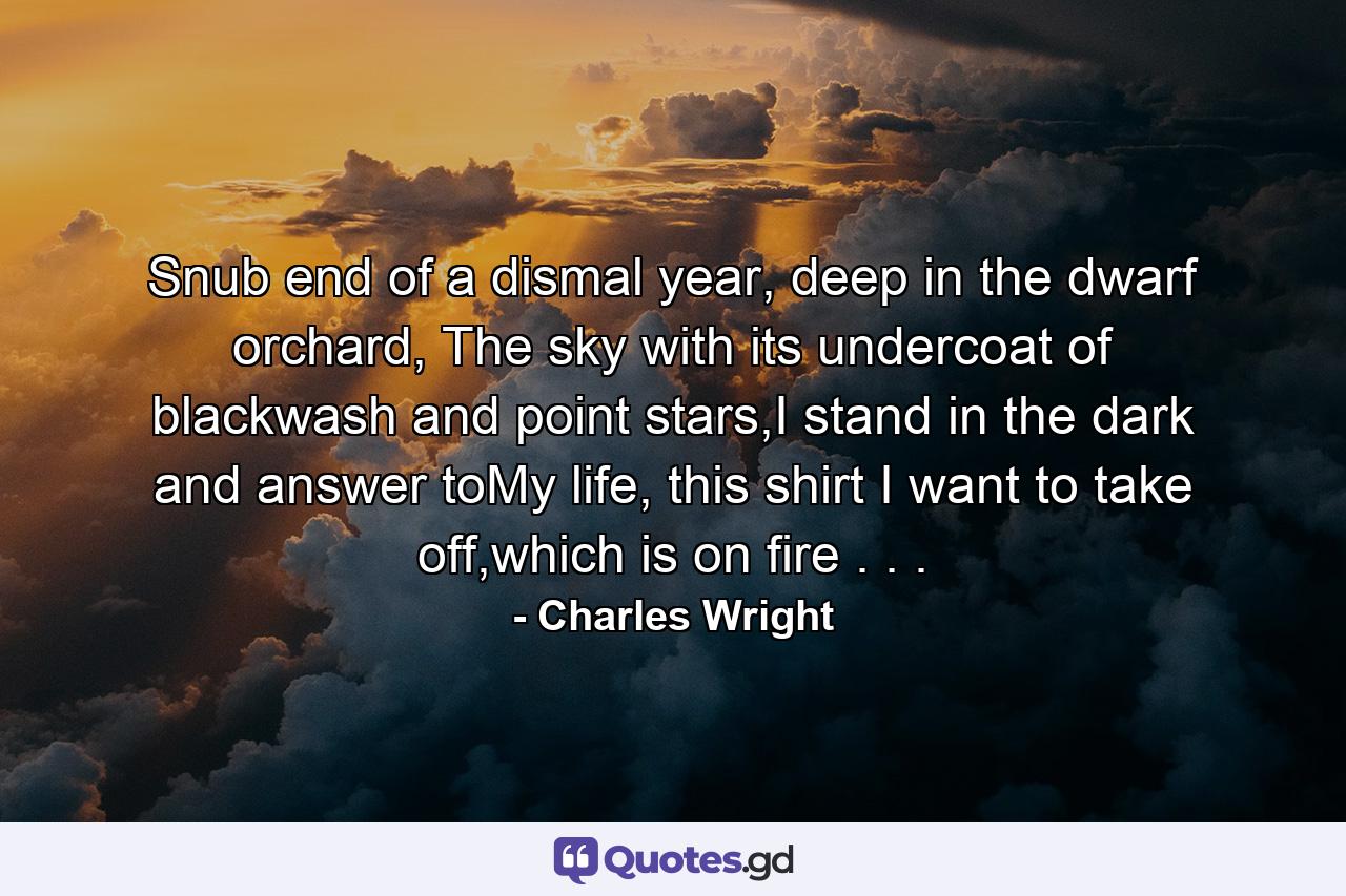 Snub end of a dismal year, deep in the dwarf orchard, The sky with its undercoat of blackwash and point stars,I stand in the dark and answer toMy life, this shirt I want to take off,which is on fire . . . - Quote by Charles Wright