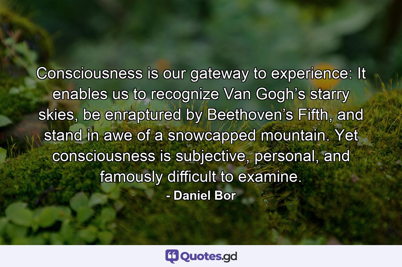 Consciousness is our gateway to experience: It enables us to recognize Van Gogh’s starry skies, be enraptured by Beethoven’s Fifth, and stand in awe of a snowcapped mountain. Yet consciousness is subjective, personal, and famously difficult to examine. - Quote by Daniel Bor