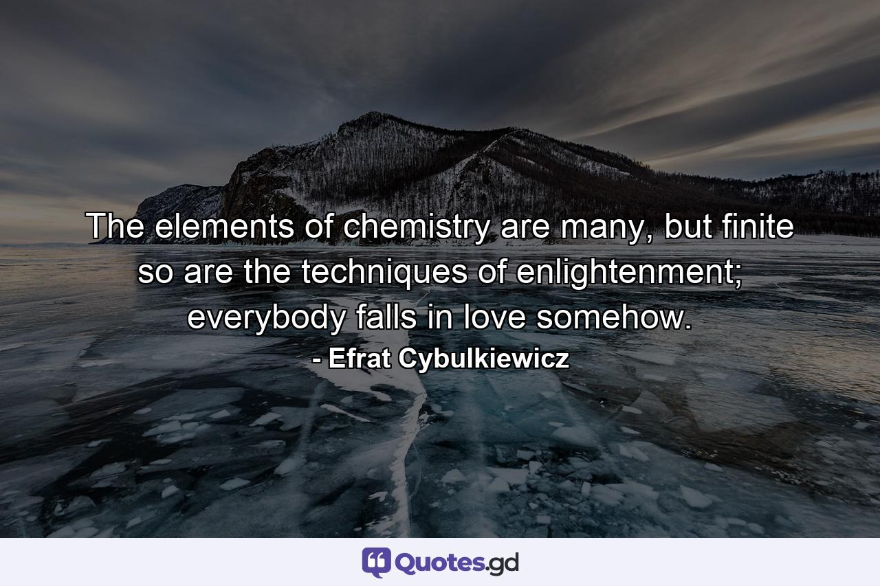 The elements of chemistry are many, but finite so are the techniques of enlightenment; everybody falls in love somehow. - Quote by Efrat Cybulkiewicz