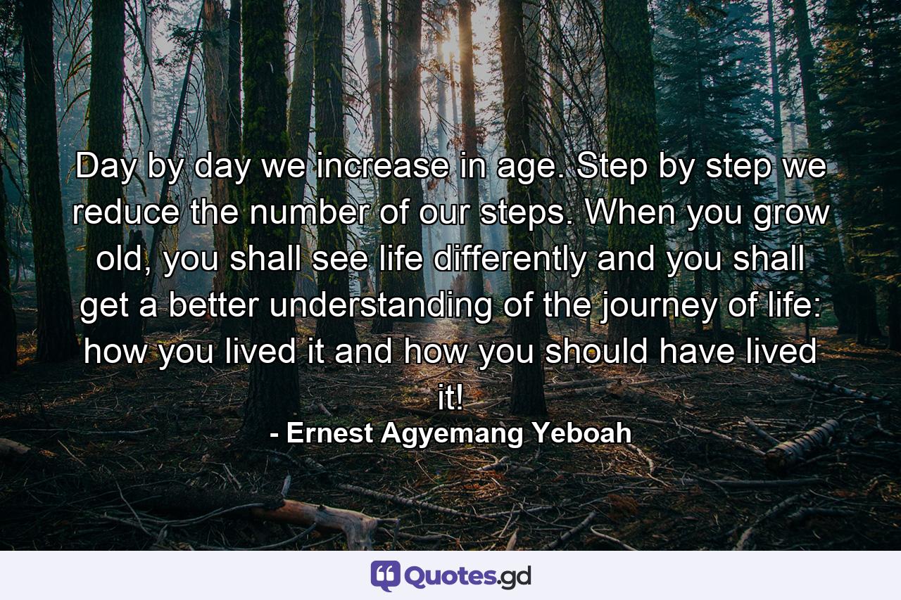 Day by day we increase in age. Step by step we reduce the number of our steps. When you grow old, you shall see life differently and you shall get a better understanding of the journey of life: how you lived it and how you should have lived it! - Quote by Ernest Agyemang Yeboah