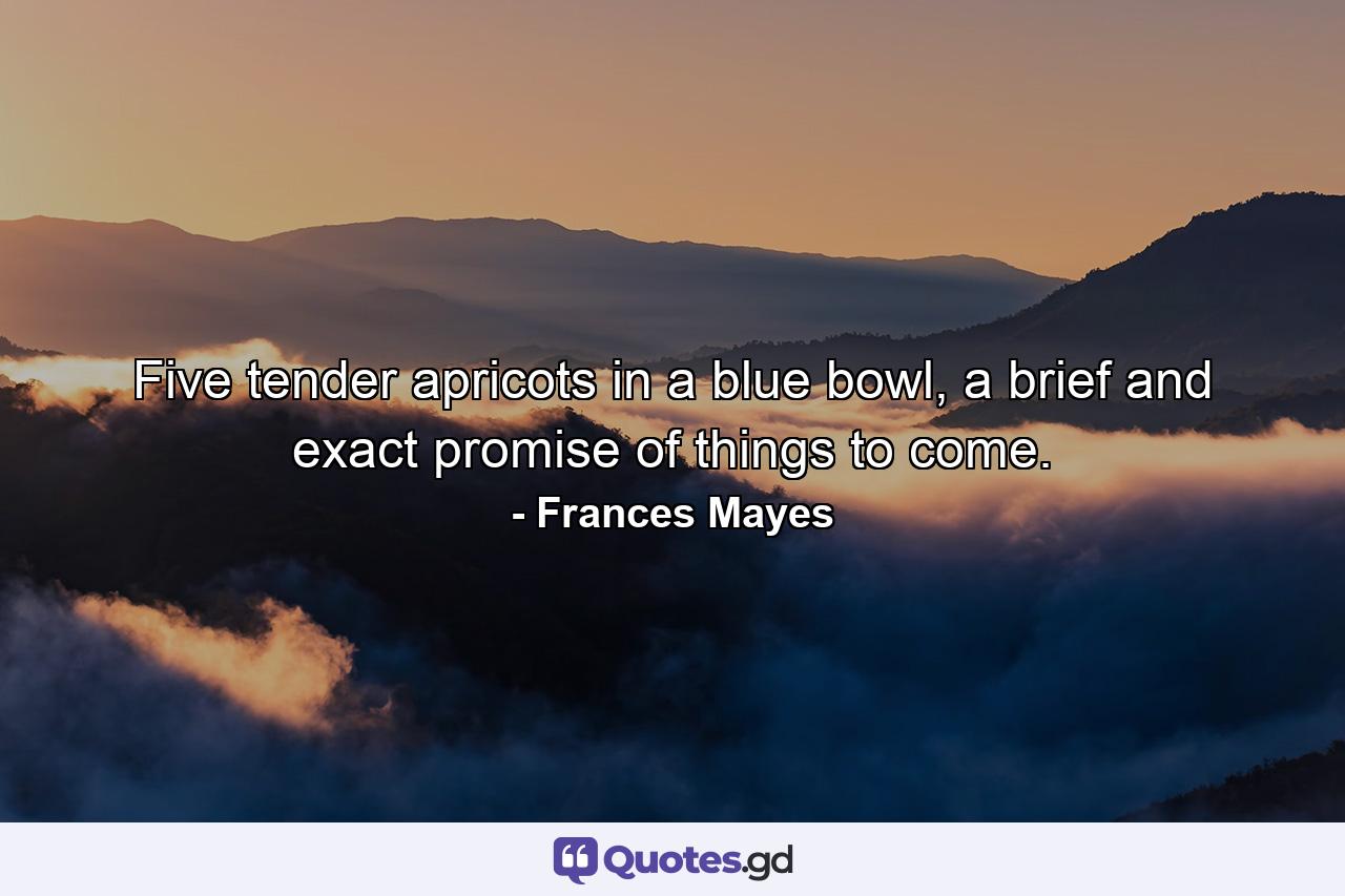 Five tender apricots in a blue bowl, a brief and exact promise of things to come. - Quote by Frances Mayes