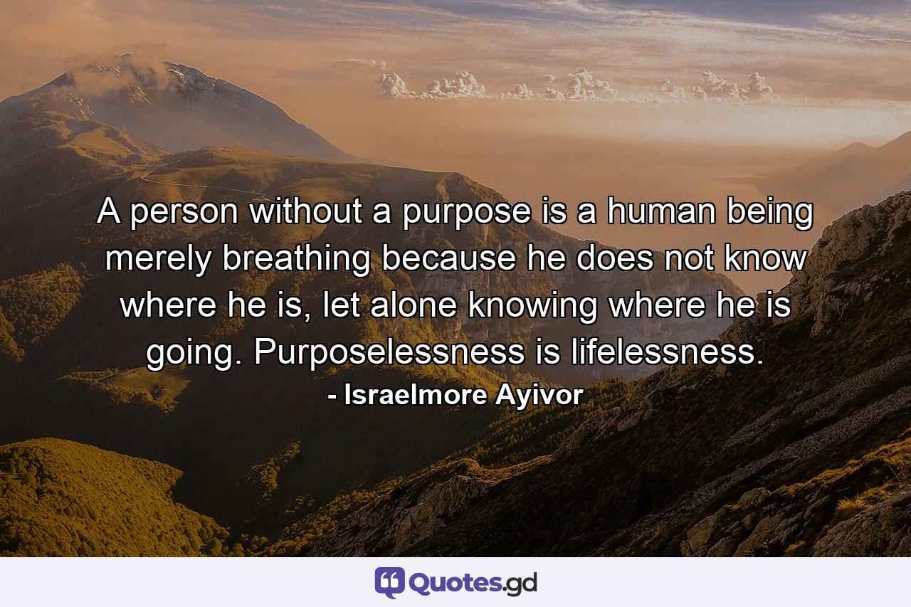 A person without a purpose is a human being merely breathing because he does not know where he is, let alone knowing where he is going. Purposelessness is lifelessness. - Quote by Israelmore Ayivor