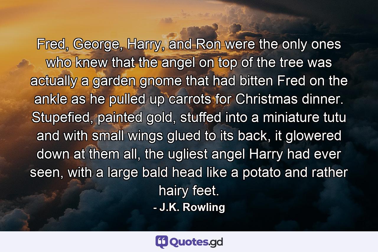 Fred, George, Harry, and Ron were the only ones who knew that the angel on top of the tree was actually a garden gnome that had bitten Fred on the ankle as he pulled up carrots for Christmas dinner. Stupefied, painted gold, stuffed into a miniature tutu and with small wings glued to its back, it glowered down at them all, the ugliest angel Harry had ever seen, with a large bald head like a potato and rather hairy feet. - Quote by J.K. Rowling