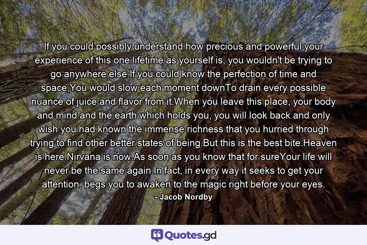 If you could possibly understand how precious and powerful your experience of this one lifetime as yourself is, you wouldn't be trying to go anywhere else.If you could know the perfection of time and space,You would slow each moment downTo drain every possible nuance of juice and flavor from it.When you leave this place, your body and mind and the earth which holds you, you will look back and only wish you had known the immense richness that you hurried through trying to find other better states of being.But this is the best bite.Heaven is here.Nirvana is now.As soon as you know that for sureYour life will never be the same again.In fact, in every way it seeks to get your attention. begs you to awaken to the magic right before your eyes. - Quote by Jacob Nordby