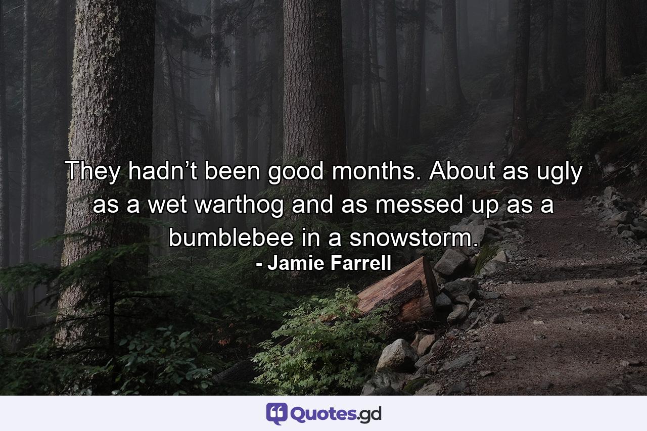 They hadn’t been good months. About as ugly as a wet warthog and as messed up as a bumblebee in a snowstorm. - Quote by Jamie Farrell