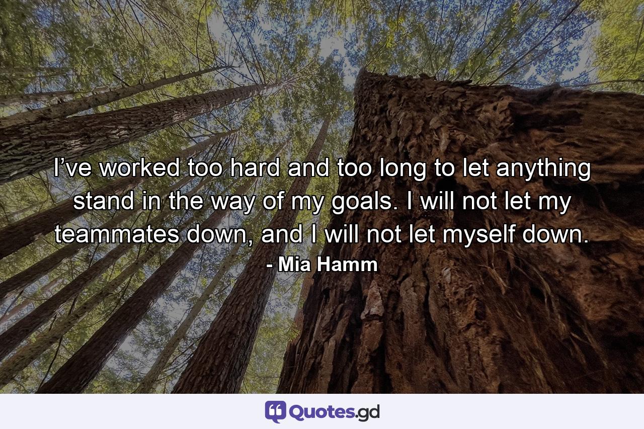 I’ve worked too hard and too long to let anything stand in the way of my goals. I will not let my teammates down, and I will not let myself down. - Quote by Mia Hamm