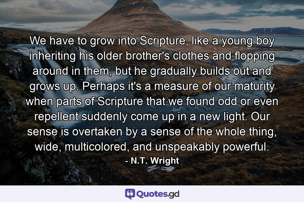 We have to grow into Scripture, like a young boy inheriting his older brother's clothes and flopping around in them, but he gradually builds out and grows up. Perhaps it's a measure of our maturity when parts of Scripture that we found odd or even repellent suddenly come up in a new light. Our sense is overtaken by a sense of the whole thing, wide, multicolored, and unspeakably powerful. - Quote by N.T. Wright