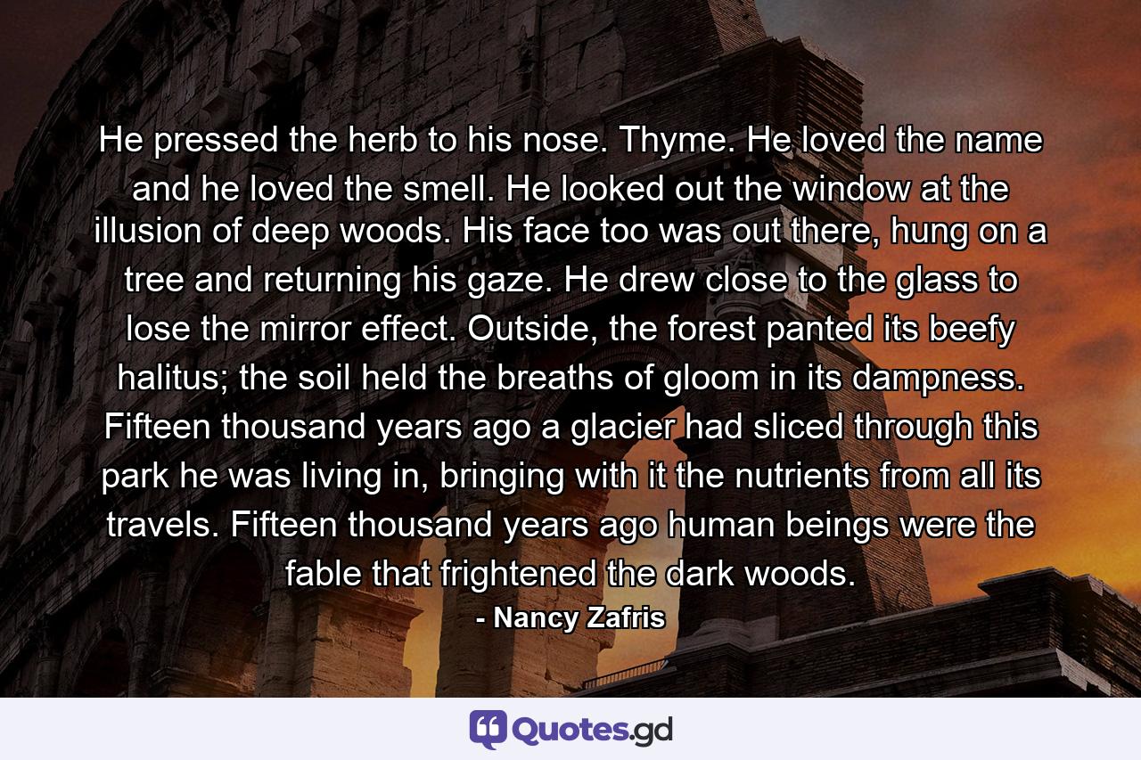 He pressed the herb to his nose. Thyme. He loved the name and he loved the smell. He looked out the window at the illusion of deep woods. His face too was out there, hung on a tree and returning his gaze. He drew close to the glass to lose the mirror effect. Outside, the forest panted its beefy halitus; the soil held the breaths of gloom in its dampness. Fifteen thousand years ago a glacier had sliced through this park he was living in, bringing with it the nutrients from all its travels. Fifteen thousand years ago human beings were the fable that frightened the dark woods. - Quote by Nancy Zafris