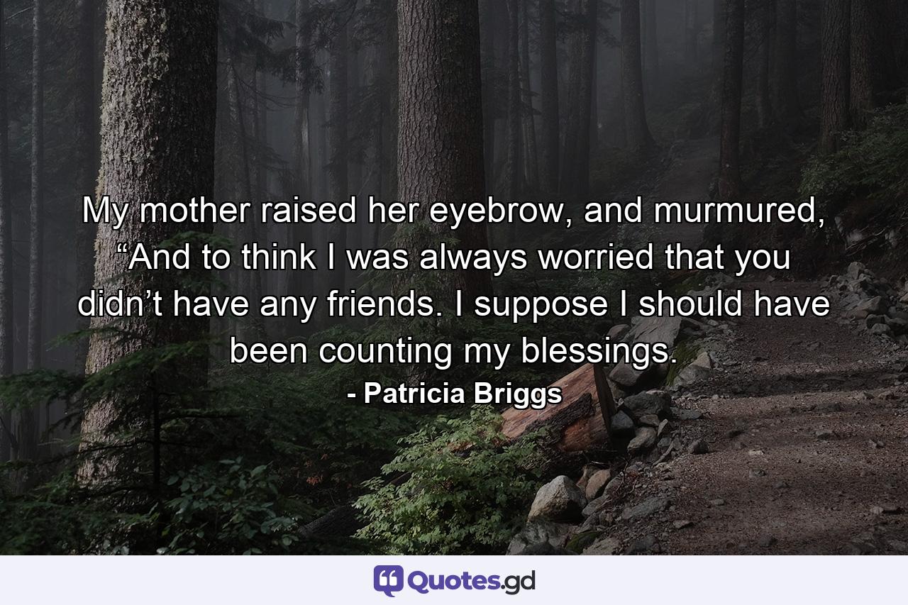 My mother raised her eyebrow, and murmured, “And to think I was always worried that you didn’t have any friends. I suppose I should have been counting my blessings. - Quote by Patricia Briggs