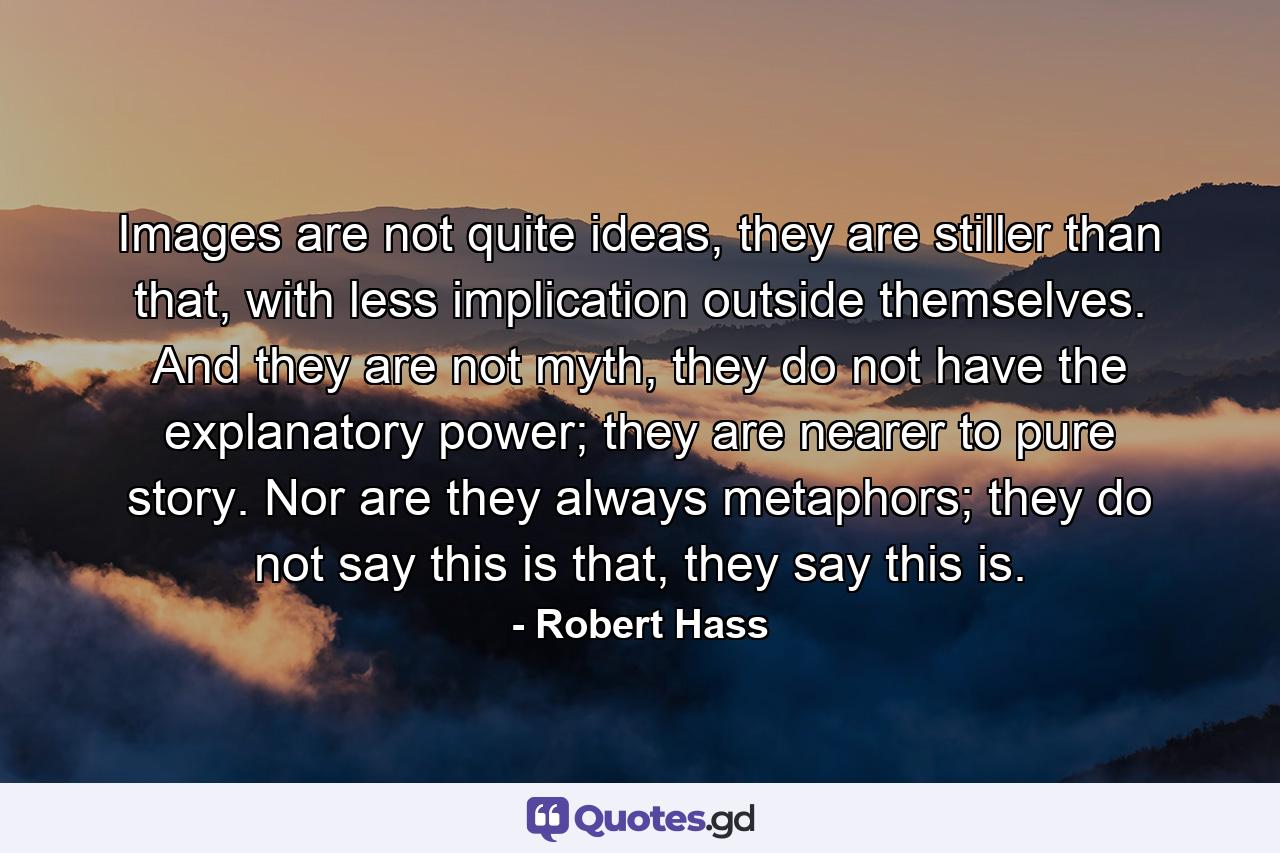 Images are not quite ideas, they are stiller than that, with less implication outside themselves. And they are not myth, they do not have the explanatory power; they are nearer to pure story. Nor are they always metaphors; they do not say this is that, they say this is. - Quote by Robert Hass