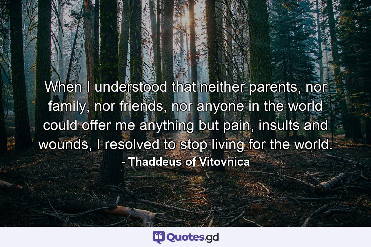 When I understood that neither parents, nor family, nor friends, nor anyone in the world could offer me anything but pain, insults and wounds, I resolved to stop living for the world. - Quote by Thaddeus of Vitovnica