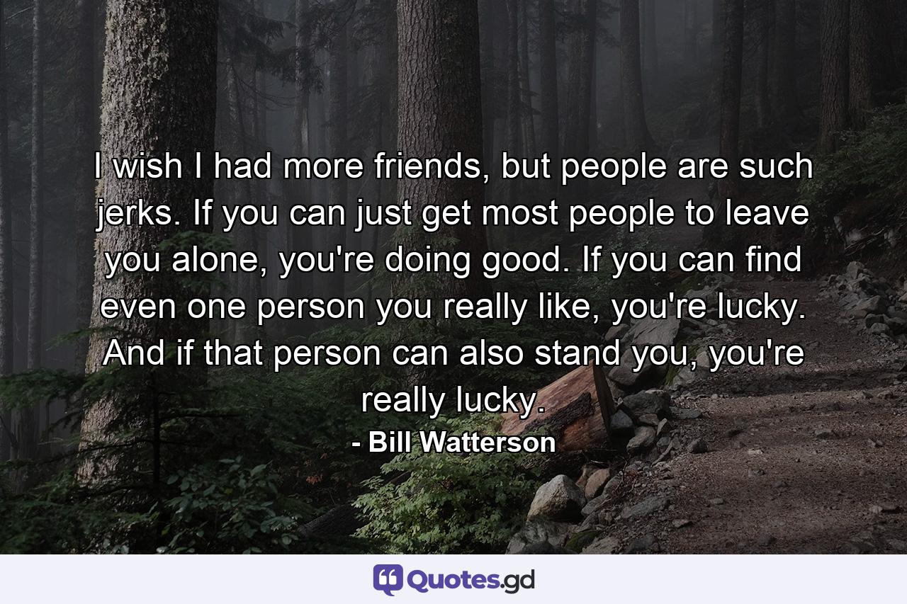 I wish I had more friends, but people are such jerks. If you can just get most people to leave you alone, you're doing good. If you can find even one person you really like, you're lucky. And if that person can also stand you, you're really lucky. - Quote by Bill Watterson