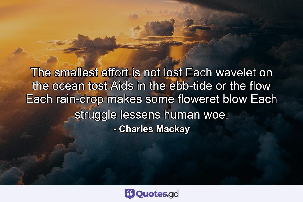 The smallest effort is not lost  Each wavelet on the ocean tost Aids in the ebb-tide or the flow  Each rain-drop makes some floweret blow  Each struggle lessens human woe. - Quote by Charles Mackay