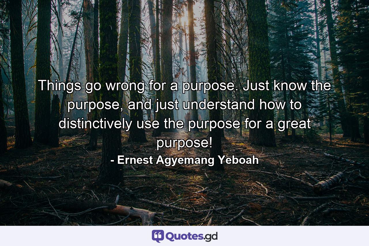 Things go wrong for a purpose. Just know the purpose, and just understand how to distinctively use the purpose for a great purpose! - Quote by Ernest Agyemang Yeboah