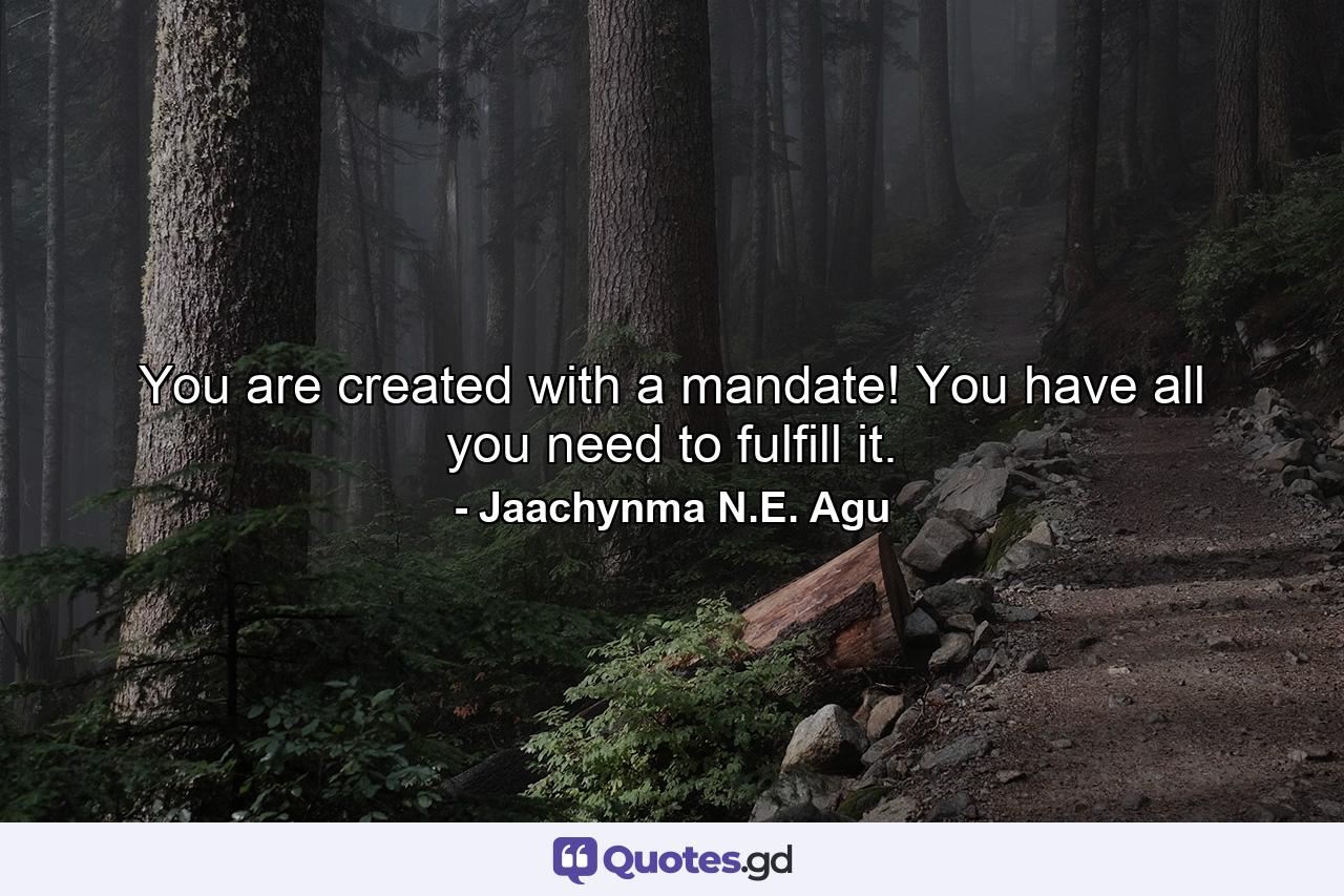 You are created with a mandate! You have all you need to fulfill it. - Quote by Jaachynma N.E. Agu