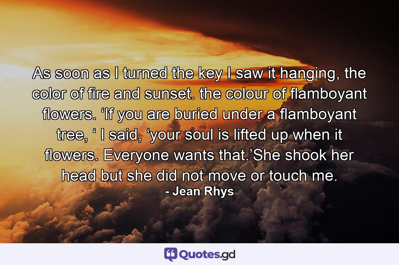 As soon as I turned the key I saw it hanging, the color of fire and sunset. the colour of flamboyant flowers. ‘If you are buried under a flamboyant tree, ‘ I said, ‘your soul is lifted up when it flowers. Everyone wants that.’She shook her head but she did not move or touch me. - Quote by Jean Rhys