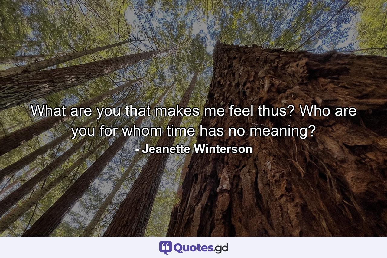 What are you that makes me feel thus? Who are you for whom time has no meaning? - Quote by Jeanette Winterson