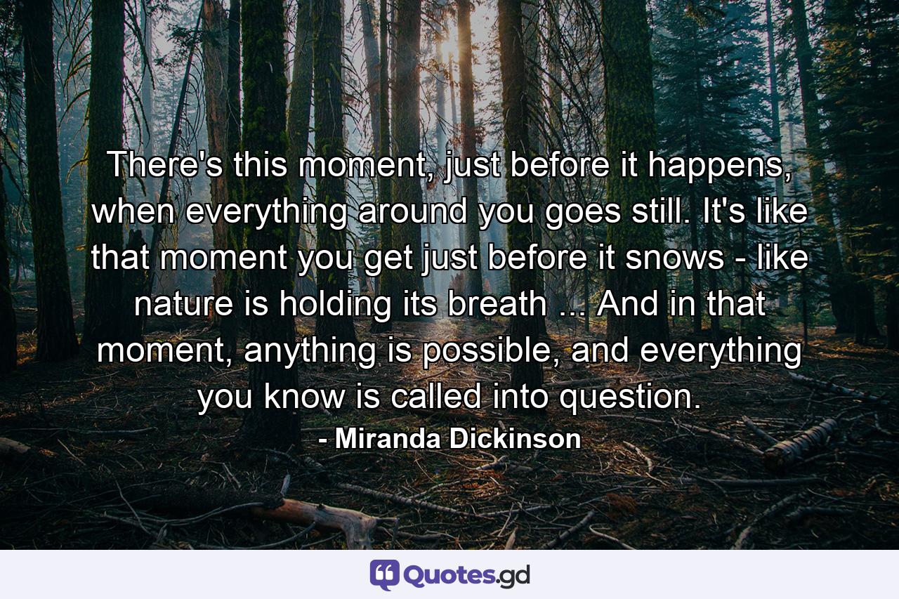 There's this moment, just before it happens, when everything around you goes still. It's like that moment you get just before it snows - like nature is holding its breath ... And in that moment, anything is possible, and everything you know is called into question. - Quote by Miranda Dickinson