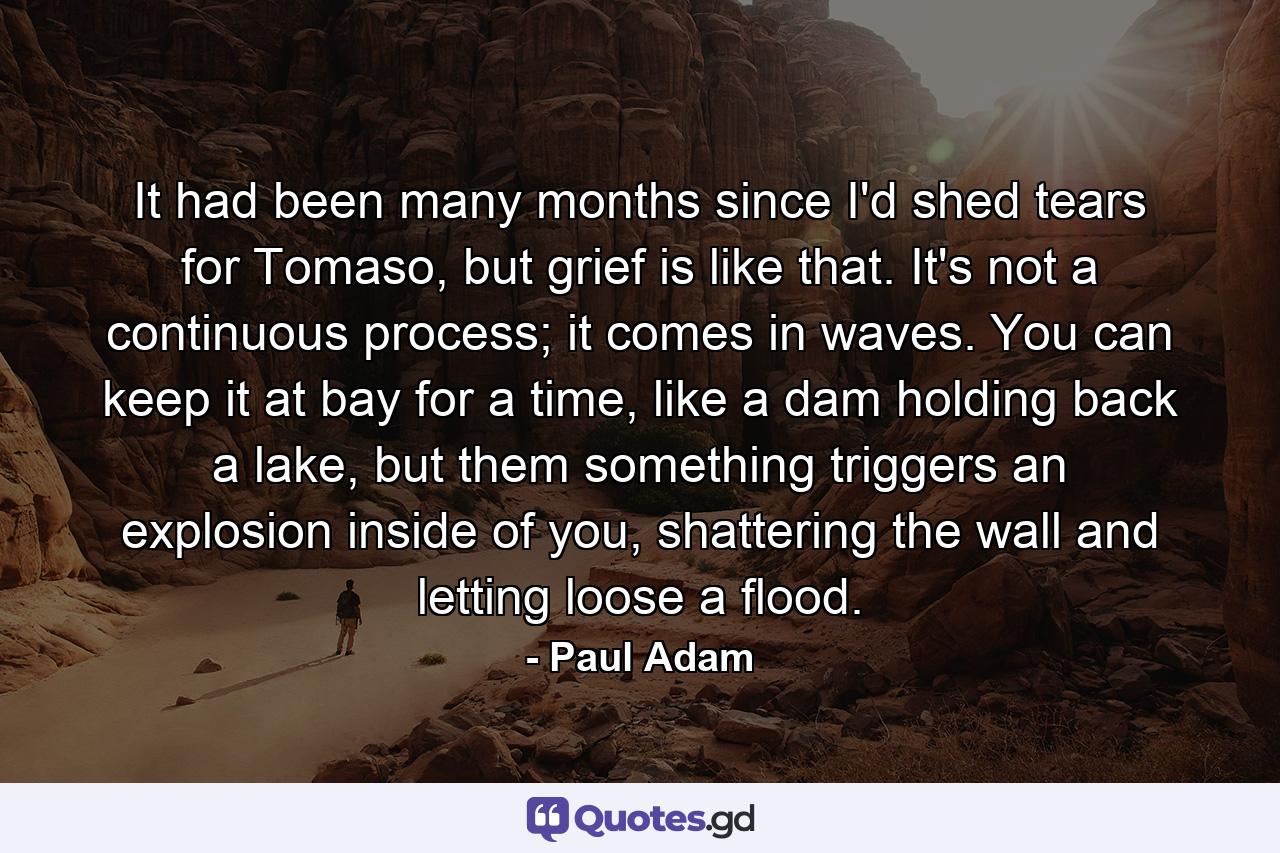 It had been many months since I'd shed tears for Tomaso, but grief is like that. It's not a continuous process; it comes in waves. You can keep it at bay for a time, like a dam holding back a lake, but them something triggers an explosion inside of you, shattering the wall and letting loose a flood. - Quote by Paul Adam