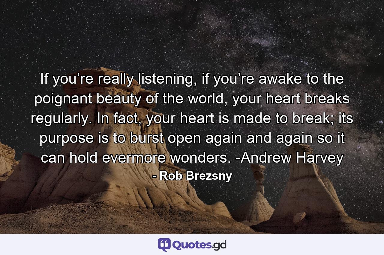 If you’re really listening, if you’re awake to the poignant beauty of the world, your heart breaks regularly. In fact, your heart is made to break; its purpose is to burst open again and again so it can hold evermore wonders. -Andrew Harvey - Quote by Rob Brezsny