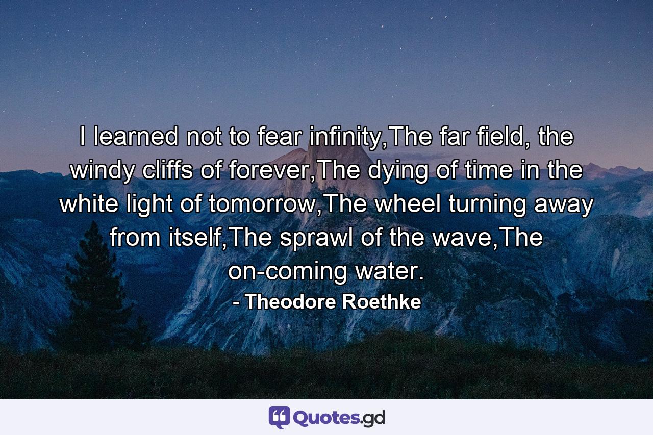 I learned not to fear infinity,The far field, the windy cliffs of forever,The dying of time in the white light of tomorrow,The wheel turning away from itself,The sprawl of the wave,The on-coming water. - Quote by Theodore Roethke