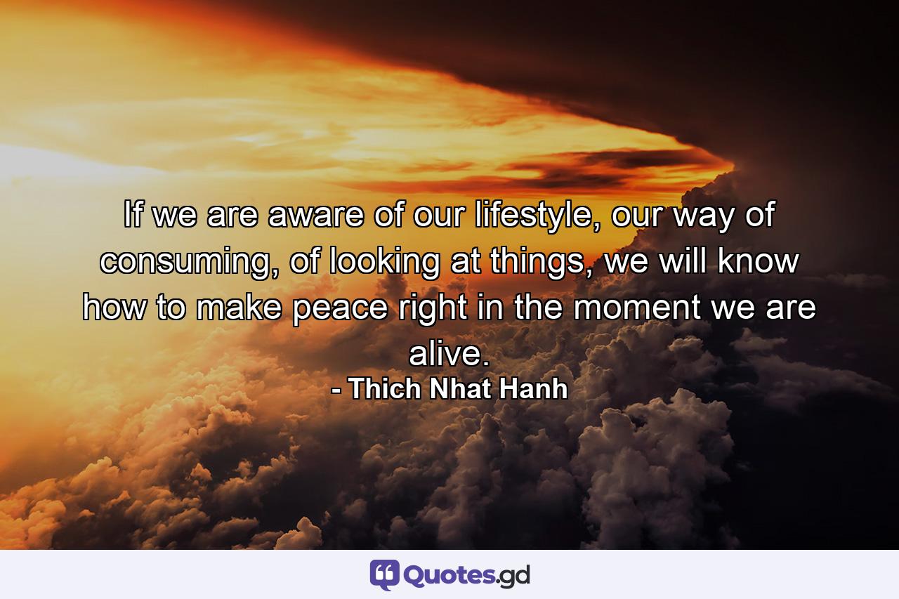 If we are aware of our lifestyle, our way of consuming, of looking at things, we will know how to make peace right in the moment we are alive. - Quote by Thich Nhat Hanh