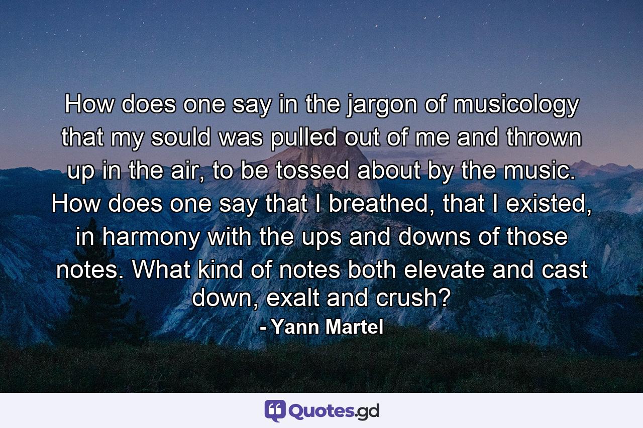 How does one say in the jargon of musicology that my sould was pulled out of me and thrown up in the air, to be tossed about by the music. How does one say that I breathed, that I existed, in harmony with the ups and downs of those notes. What kind of notes both elevate and cast down, exalt and crush? - Quote by Yann Martel