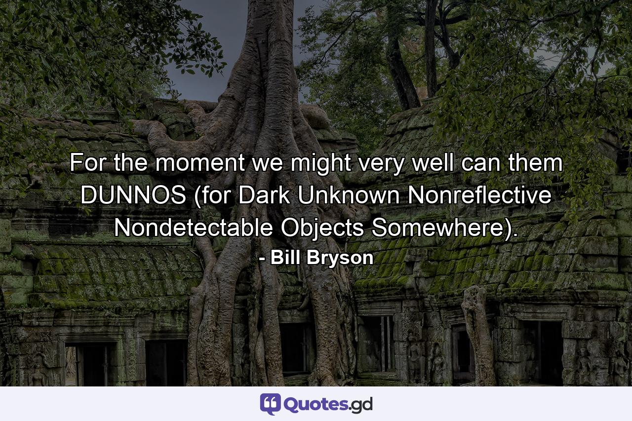 For the moment we might very well can them DUNNOS (for Dark Unknown Nonreflective Nondetectable Objects Somewhere). - Quote by Bill Bryson