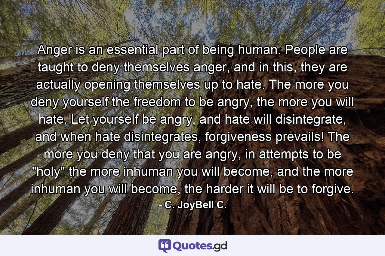 Anger is an essential part of being human. People are taught to deny themselves anger, and in this, they are actually opening themselves up to hate. The more you deny yourself the freedom to be angry, the more you will hate. Let yourself be angry, and hate will disintegrate, and when hate disintegrates, forgiveness prevails! The more you deny that you are angry, in attempts to be 