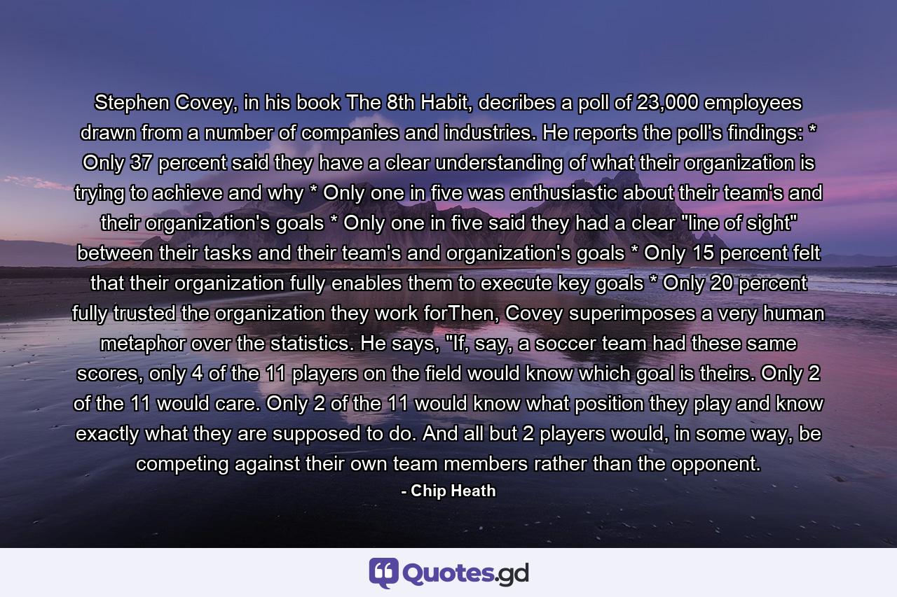 Stephen Covey, in his book The 8th Habit, decribes a poll of 23,000 employees drawn from a number of companies and industries. He reports the poll's findings: * Only 37 percent said they have a clear understanding of what their organization is trying to achieve and why * Only one in five was enthusiastic about their team's and their organization's goals * Only one in five said they had a clear 